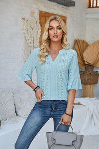 Damen modisches Oberteil mit durchbrochenem Design und Volantärmeln – Blau