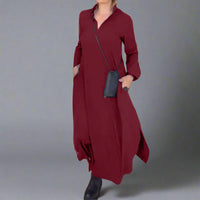 Sabine | Lockeres Langes Kleid mit Schlitz – Weinrot