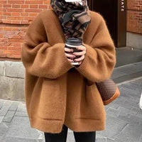 | Strickjacke Übergröße Passform Weiche Wollmischung Tiefer V-Ausschnitt Taschen Lange Länge – Braun