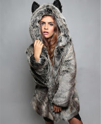 Damen Kuschelige Felljacke mit tierischen Ohren – Grau