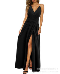 Heidi Mode | V-Ausschnitt Hosenträger ärmellos sexy rückenfreies farblich passendes Kleid – schwarz