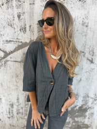 Damen Leichtes Leinenblazer mit kurzer Arm – Dunkelgrau