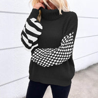 KARIERTER GESTREIFTER ROLLKRAGENPULLOVER | MODISCHER WARMHALTER – Schwarz