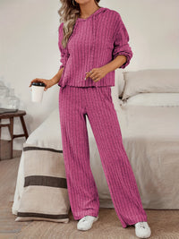Damen Komfort Zweiteiler aus Strick - Sportlicher Hoodie mit Jogginghose - Relaxed Fit – Rosa