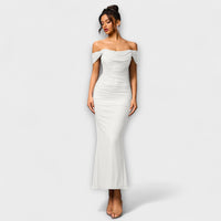 Ione - Off-Shoulder Ruffled Bodycon Dress – Weiß