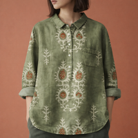 Blumenmuster Bluse mit langen Ärmeln und Kragen für Damen | Viona – Olivgrün