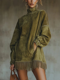 Alfhild™ - Langärmeliges Minikleid mit Fransen – Grön