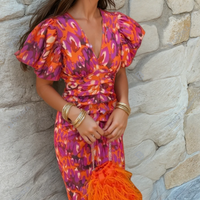 Gina | Abstrakt Muster Hochzeitsgastkleid – Orange