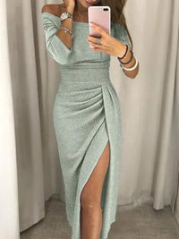 Elena™ | Langes elegantes Damenkleid – Silbergrün