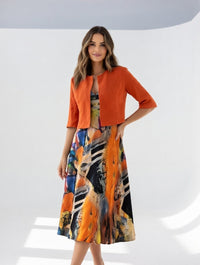 Avelot - Luxuriöses, bedrucktes Midikleid & Bolero-Set – Orange