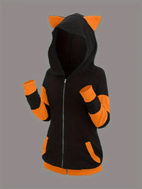 Keyviah | Plus Größe Zip Up Katze Ohren mit Kapuze Jacke, niedliche Farbe Block lange Ärmel – Orangerot