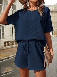 Damen Sommer-Set aus Baumwolle | Luftiges Waffelpique mit Shorts – Marine
