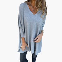 Bequemer Damen Strickpullover V-Ausschnitt – Grau