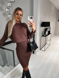 2-teiliges Strick Set Kleid und Pullover für Damen – Kaffeebraun