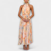 Elegantes Damen Maxikleid mit Wasserfarbenmuster – Pfirsich