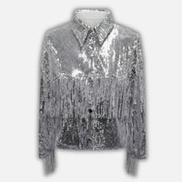Marlene | Damen Pailletten-Fransen-Jacke Kurz – Pailletten Jacke Glamour – Silber