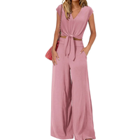 Michelle - V-Ausschnitt Crop Top mit Knoten vorne und weit geschnittene Hose Set – Rosa