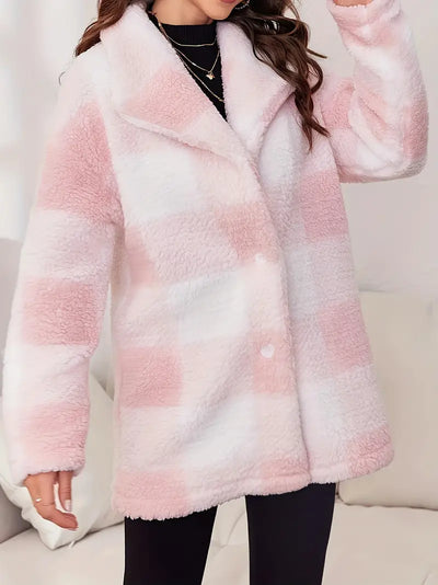 Clithina | Plaid Print Teddy Mantel – Lässige Eleganz mit Wasserfallkragen