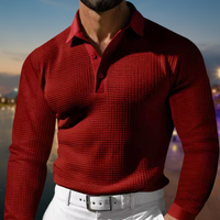 Herren T-Shirt - Rekken Fit Polo mit langen Ärmeln und Waffeltextur | Elegant – Rot