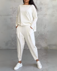 Damen Sommer Loungewear Set – Leichter Oversized Zweiteiler mit Pullover & Hose in Premium Qualität – Weiß