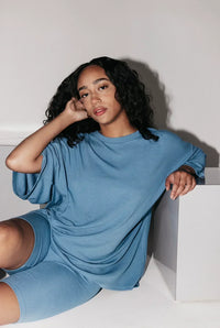 Damen Loungewear Set: Übergroßes T-Shirt mit Fahrradhose, Bequem und Vielseitig – Blau