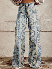 Heidi-Mode | Bequeme Damen Palazzo Hose mit Floralem Muster – Blau Gemustert