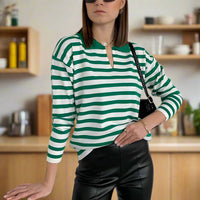 Damen Strickpullover Gestreift Oversize | Warmer Winterpullover mit Rundhals- und V-Ausschnitt – Grün (V-Ausschnitt)