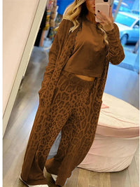 Nina - Leoparden Langarm-Strickjacke und Taillenhosen-Set – Braun