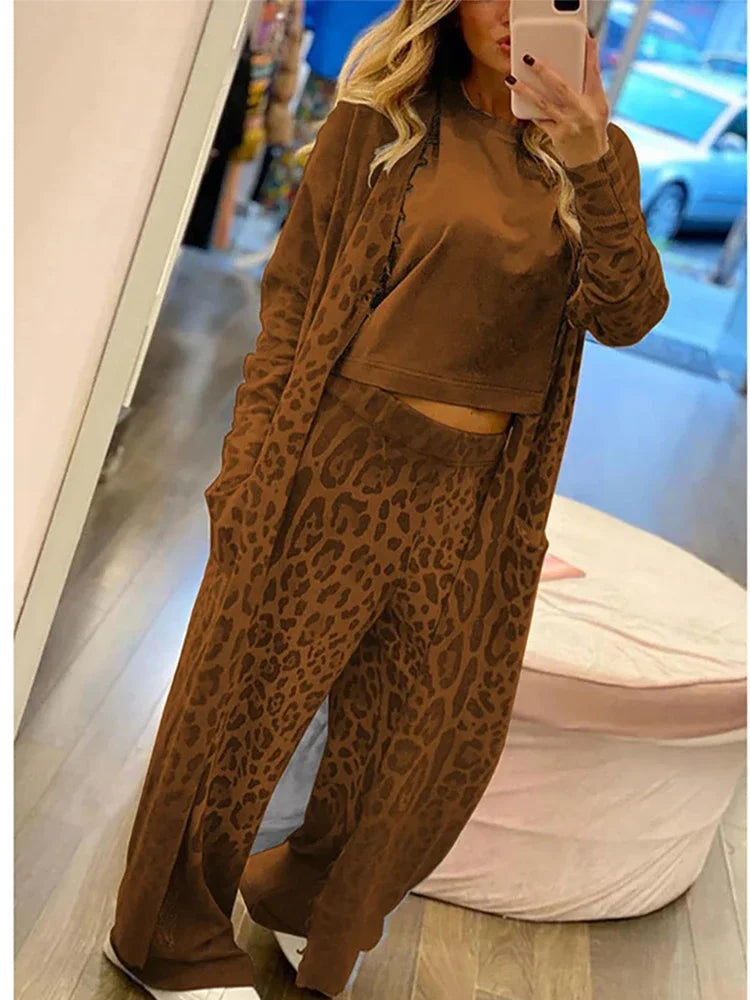 Nina - Leoparden Langarm-Strickjacke und Taillenhosen-Set