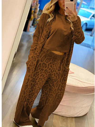 Nina - Leoparden Langarm-Strickjacke und Taillenhosen-Set