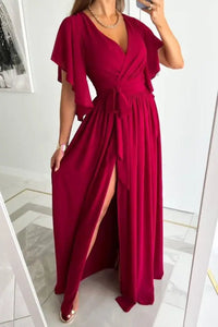 Damen Elegantes Cocktailkleid mit V-Ausschnitt und Raffung – Rot