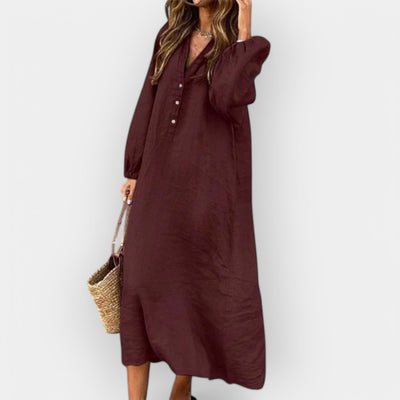 Bequemes V-Ausschnitt Damen Leinenkleid