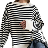 Damen Strickpullover Gestreift Oversize | Warmer Winterpullover mit Rundhals- und V-Ausschnitt – Schwarz