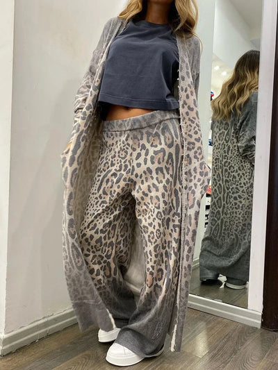 Nina - Leoparden Langarm-Strickjacke und Taillenhosen-Set