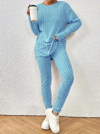Sportliches Damen Zweiteiler-Set mit Rundhals-Pullover und Slim-Fit Hose | Atmungsaktiv und Dehnbar – Blau