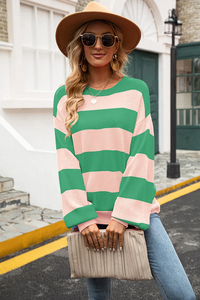 Damen Oversize-Strickpullover | Gestreift | Mehrfarbig – Grün / Hellrosa