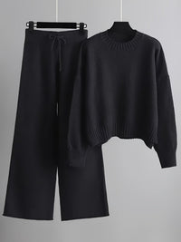 Kuscheliger Damen-Strickpullover mit weiter Jogginghose für kalte Tage – Schwarz