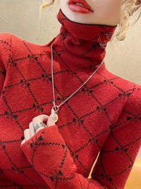 Dreiolyn | Allover Print Rollkragenpullover, Freizeitpullover mit langen Ärmeln – Rot