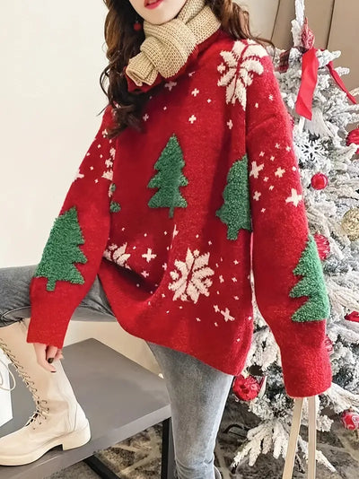 Keylorae | Gemütlicher & stilvoller Weihnachtsbaummuster-Pullover für Frauen – lässige, lockere Passform