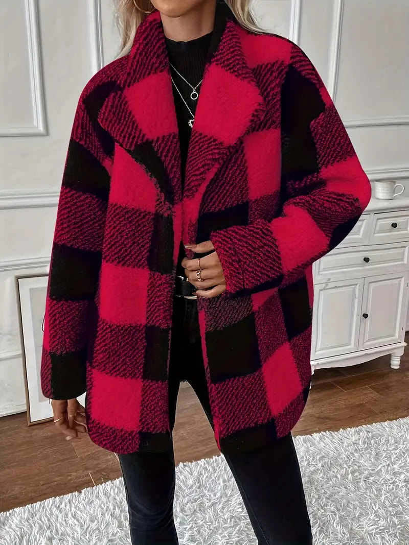 Clithina | Plaid Print Teddy Mantel – Lässige Eleganz mit Wasserfallkragen