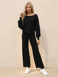 Leilani | Weites Bein Rundhals Lounge Zweiteiliges Set – Schwarz