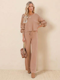 Leilani | Weites Bein Rundhals Lounge Zweiteiliges Set – Khaki