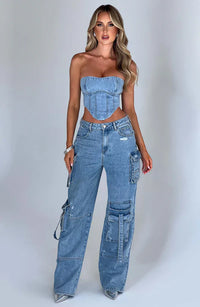 Roxana | Denim Set Cargo & Top – Blau