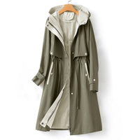 Trenchcoat Damen | Langer Übergangsmantel Mit Kapuze – Grün