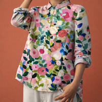 Blumenmuster Bluse mit langen Ärmeln und Kragen für Damen | Viona – Rosa