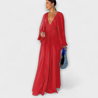 Elegantes Plissiertes Langarmkleid – Sommerrot