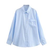Damen Streifen Kragen Lang Bluse – Blau
