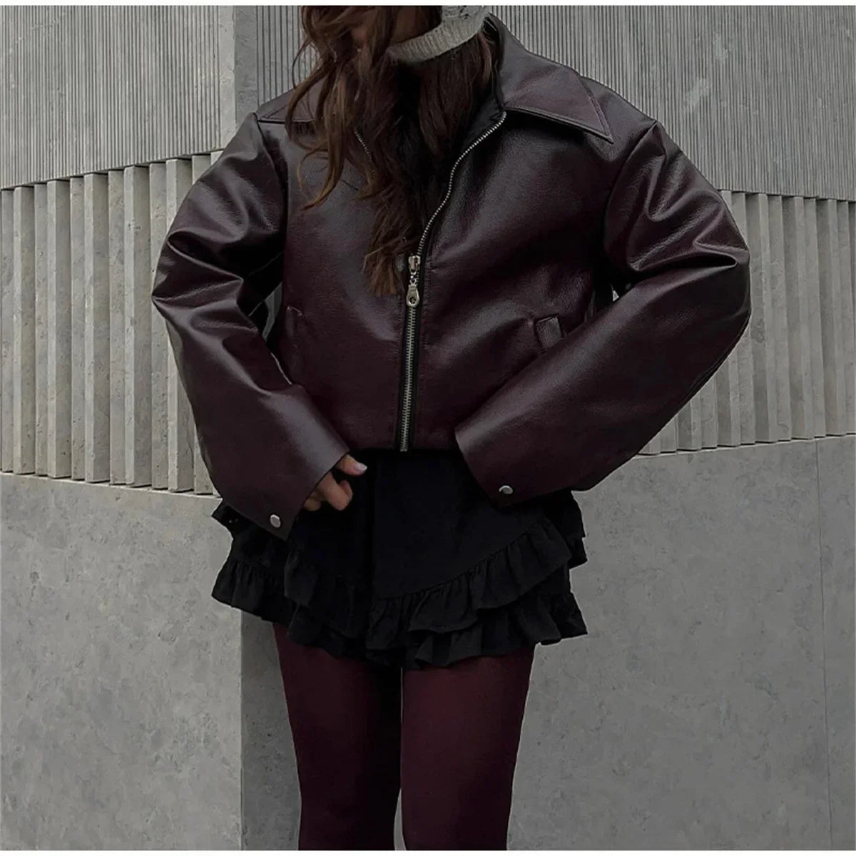 Olitareia | Damen Lederjacke mit Reverskragen und Reißverschluss