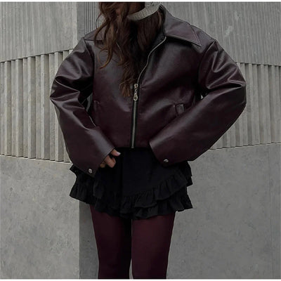Olitareia | Damen Lederjacke mit Reverskragen und Reißverschluss