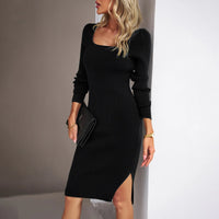 Damen Langarm Gestrickt Midi Etui Kleid – Schwarz